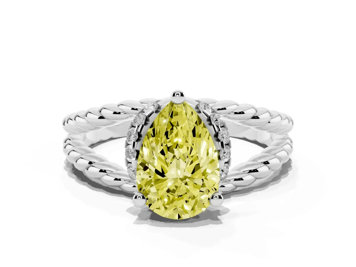 Fancy Yellow Pear Cut Halo Twisted Band Four-Prong Ring Silver