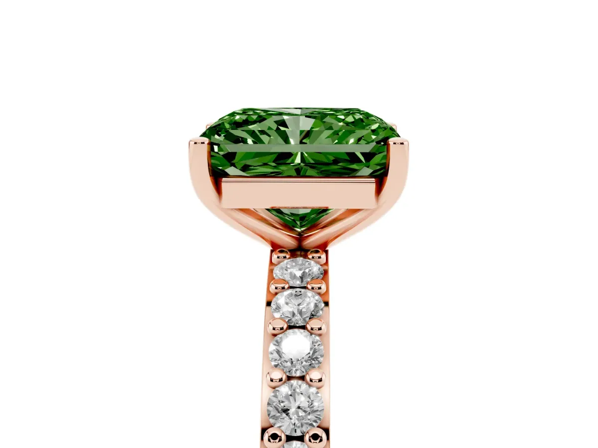 Fancy Green Radiant Cut Cut Diamond Solitaire with Pave Band and Four-Prong Setting Rose gold