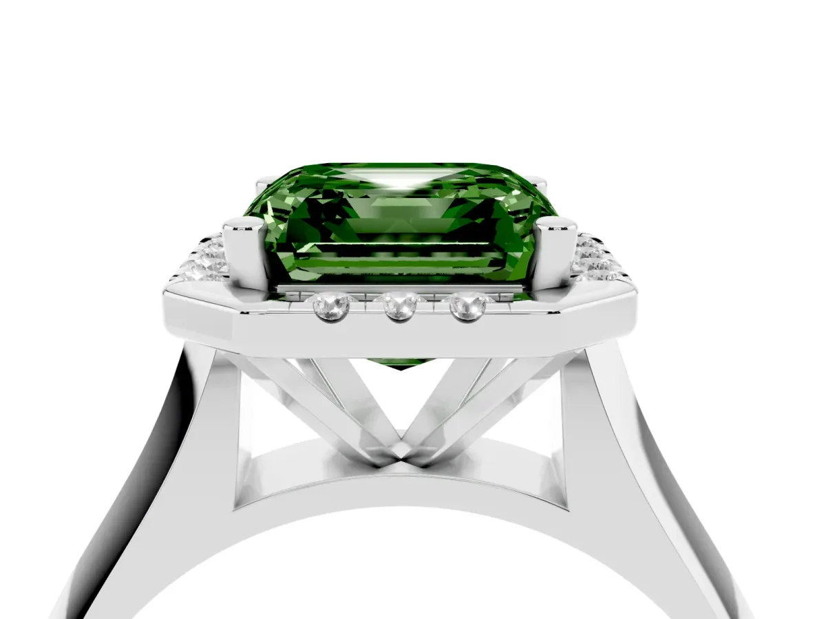 Fancy Green Asscher Cut Cut Halo Solitaire Engagement Ring with Square Band and Four-Prong Setting Silver