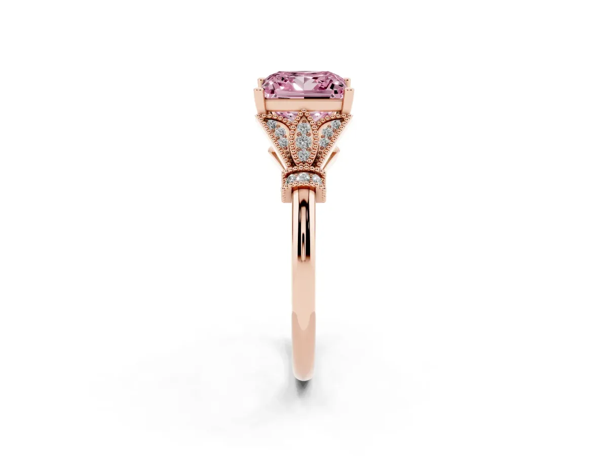 Fancy Pink Princess Cut Diamond Solitaire Ring with Floral Filigree and Pave Accents Rose gold