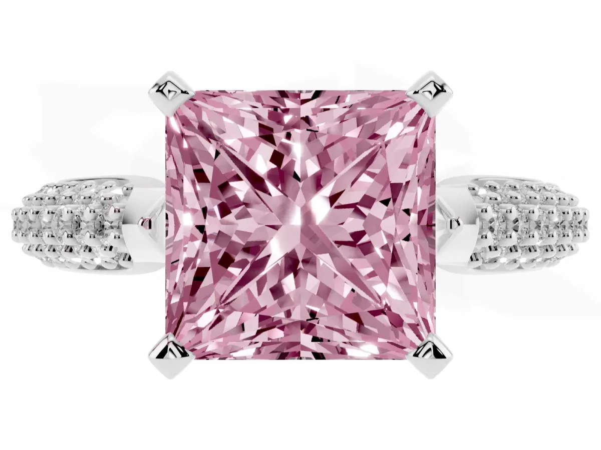 Fancy Pink Princess Cut Diamond Solitaire Engagement Ring with Multi-Row Round Pavé Band and Prong Setting Silver
