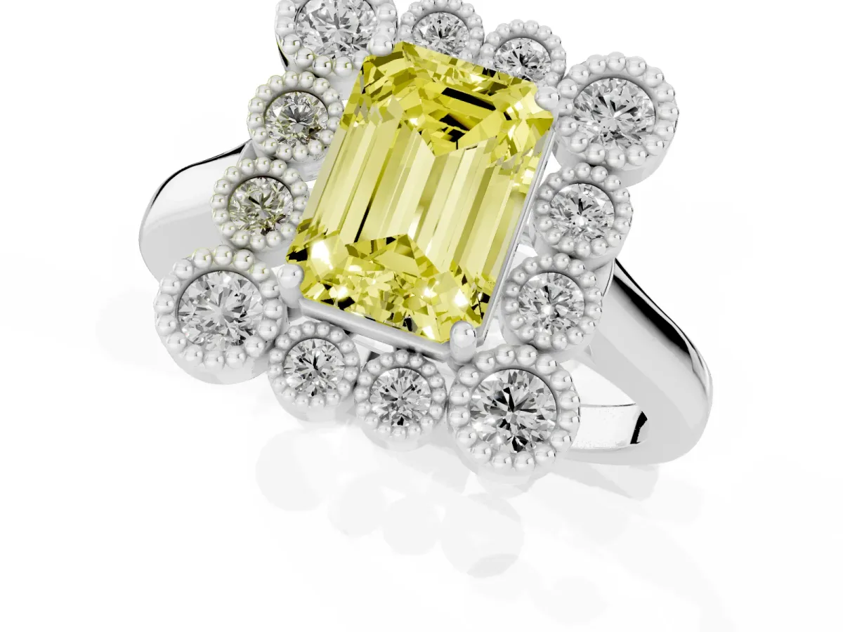Fancy Yellow Emerald Cut Halo Diamond Cluster Engagement Ring with Milgrain Bezel Setting and Solitaire Band Silver