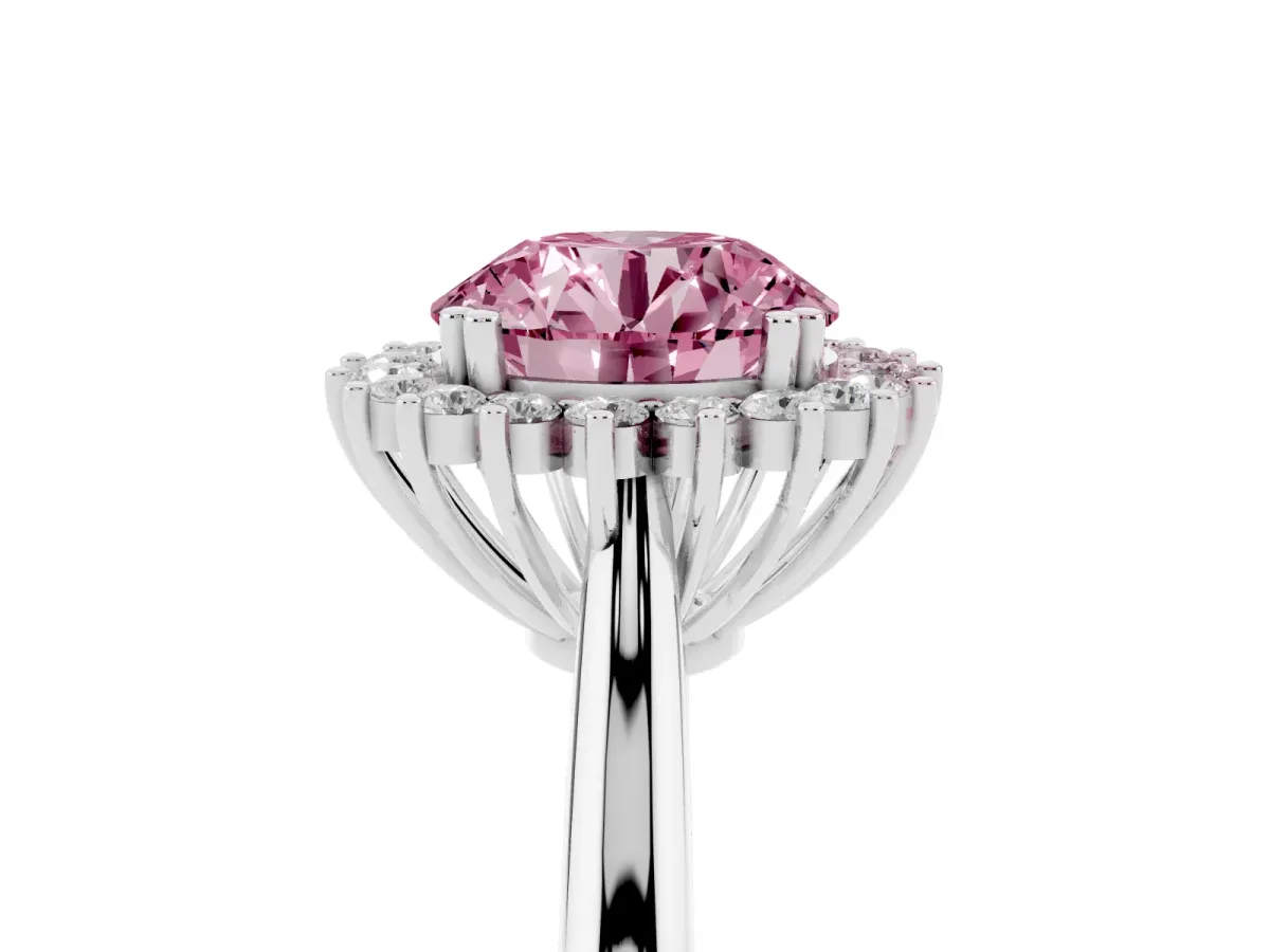 Fancy Pink Round Cut Cut Diamond Halo Ring with Solitaire Band and Prong Setting Platinum