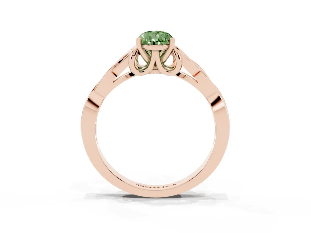 Fancy Green Pear Cut Diamond Solitaire Engagement Ring with Celtic Knot Band and Four-Prong Setting Rose gold