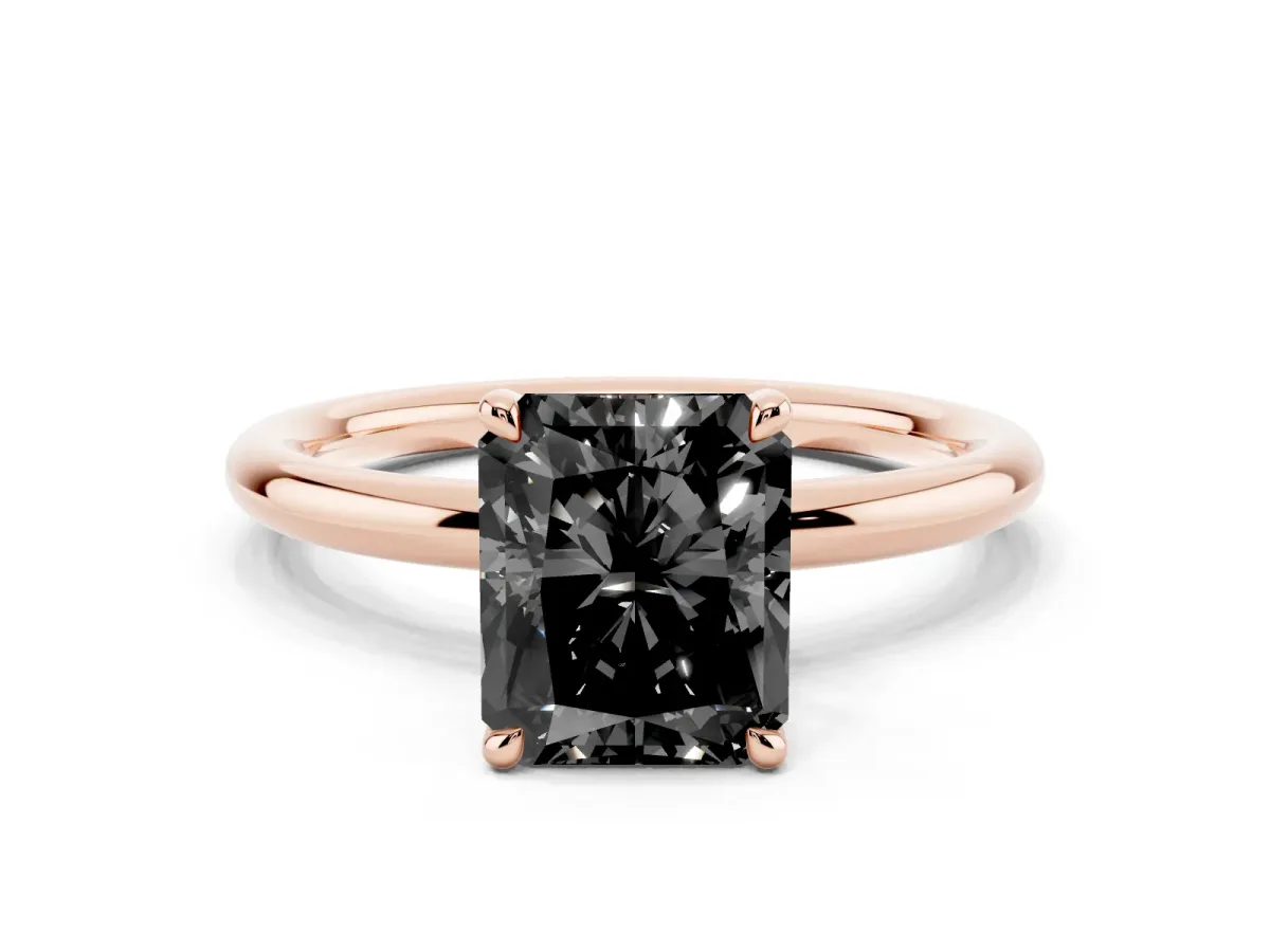 Fancy Black Radiant Cut Diamond Solitaire Ring with Thin Band and Four-Prong Setting Rose gold