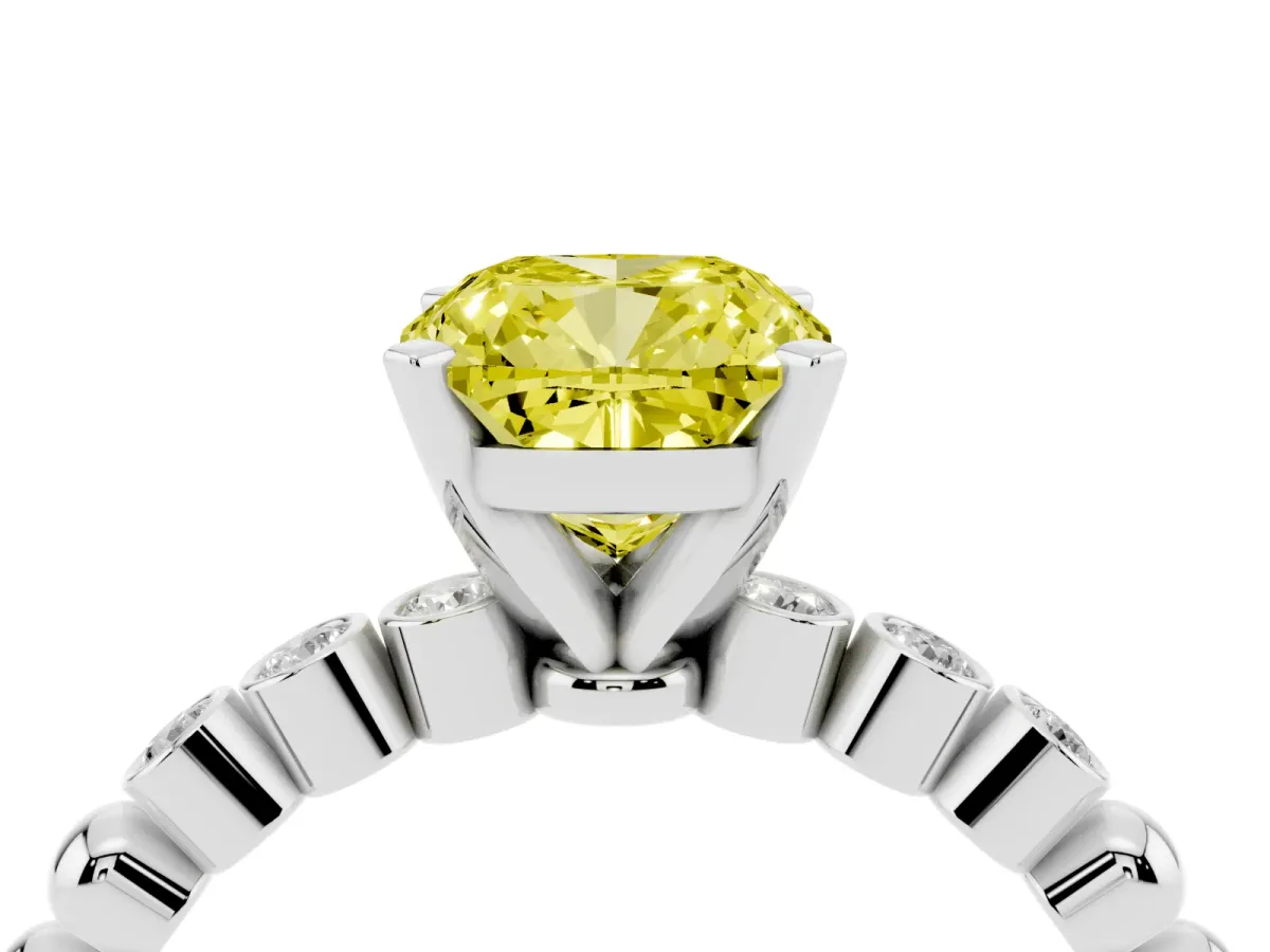 Fancy Yellow Cushion Cut Solitaire Bezel Accent Diamond Engagement Ring with Beaded Band and Four-Prong Setting Silver