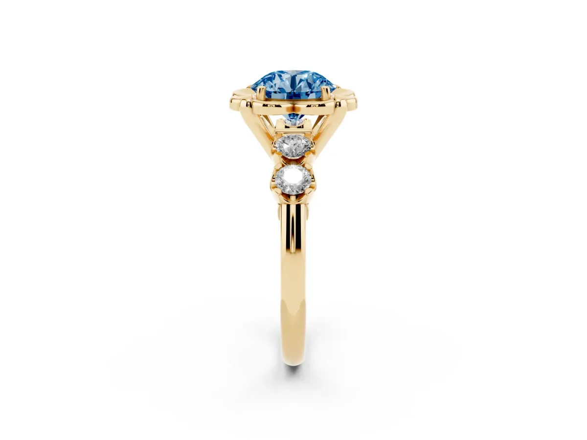 Fancy Blue Round Cut Cut Diamond Floral Halo Engagement Ring with Shared Prong Setting Yellow gold