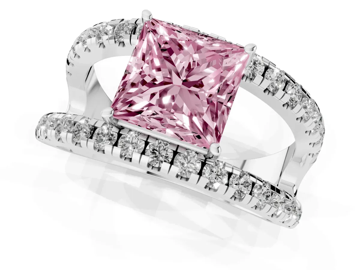 Fancy Pink Princess Cut Solitaire Split Shank Pave Diamond Ring Platinum