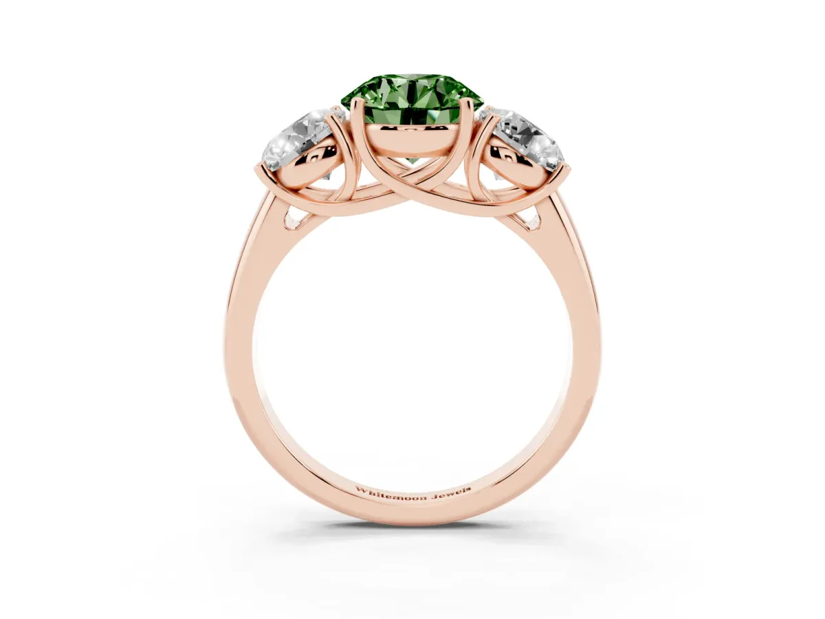 Fancy Green Three-Stone Round Cut Diamond Engagement Ring with Prong Setting Rose gold