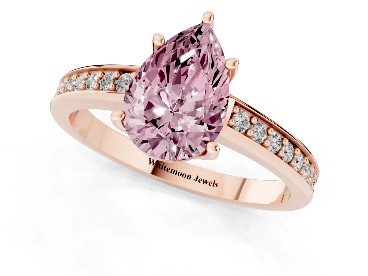 Fancy Pink Pear Cut Solitaire Pavé Band Prong Setting Ring Rose gold