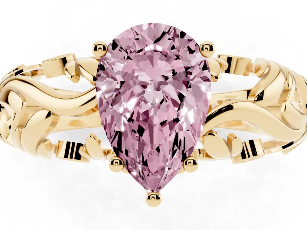Fancy Pink Pear Cut Solitaire Diamond Leaf-Inspired Vine Band Ring with Prong Setting Yellow gold