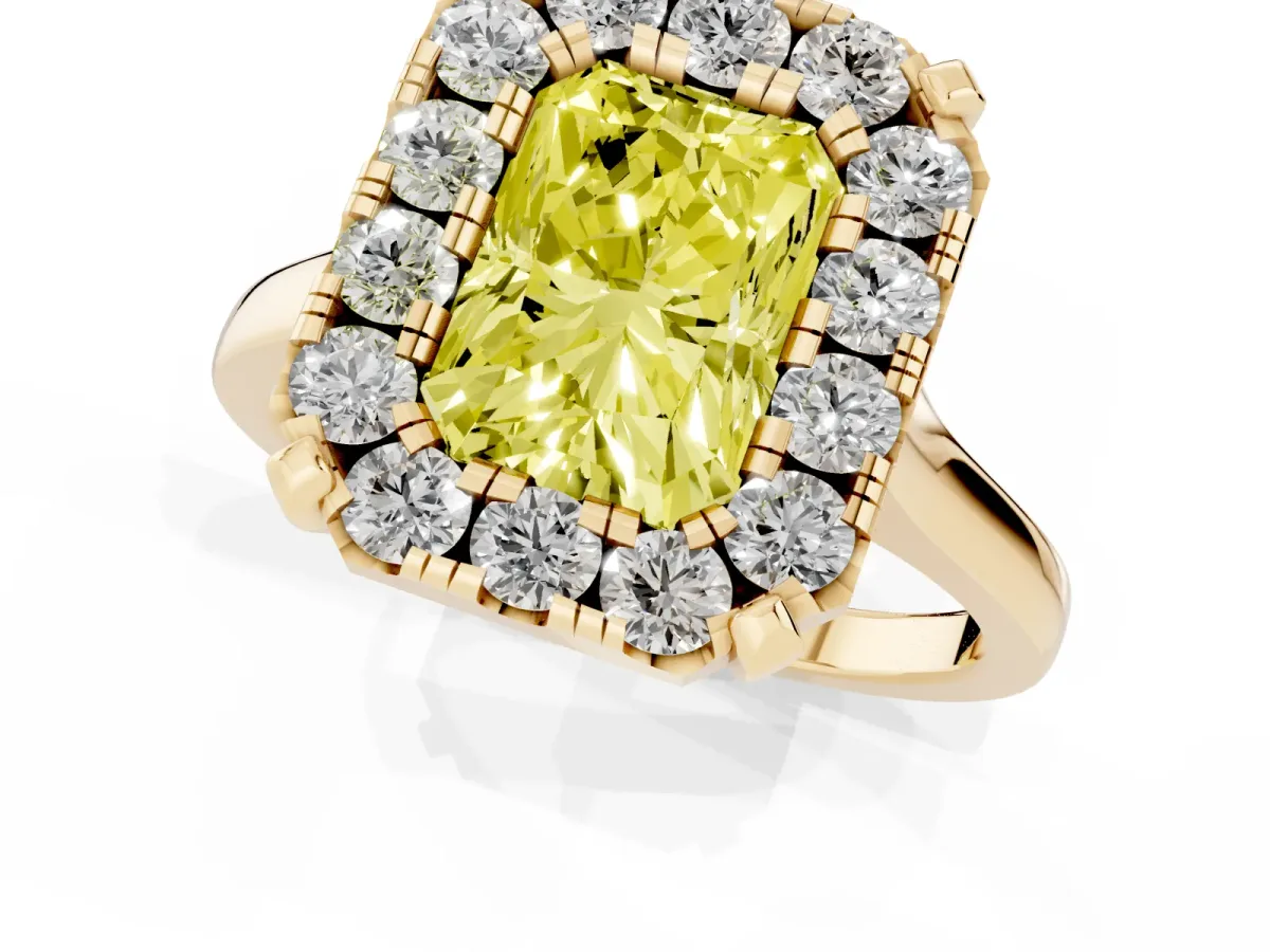 Fancy Yellow Radiant Cut Diamond Cluster Halo Solitaire with Four-Prong Setting Yellow gold