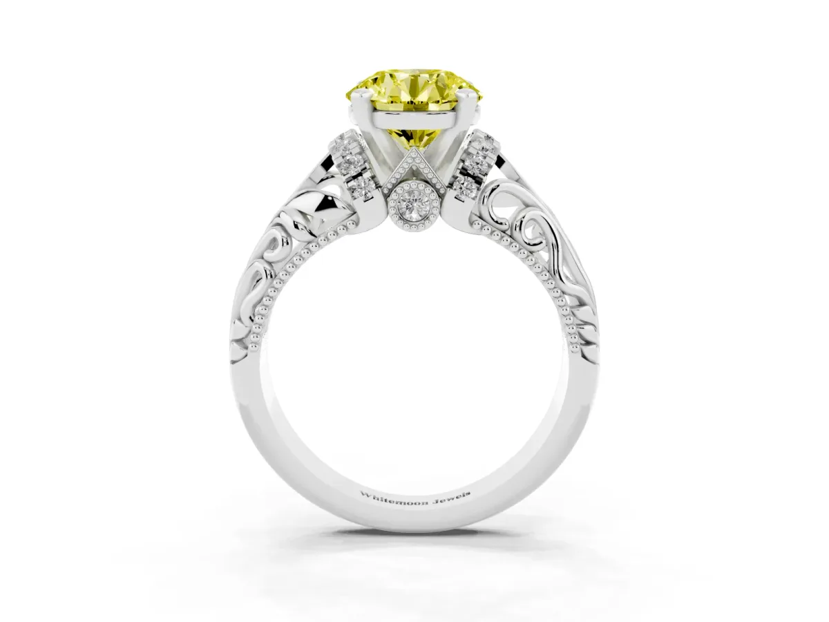 Fancy Yellow Round Cut Solitaire Filigree Engagement Ring with Halo and Prong Setting White gold