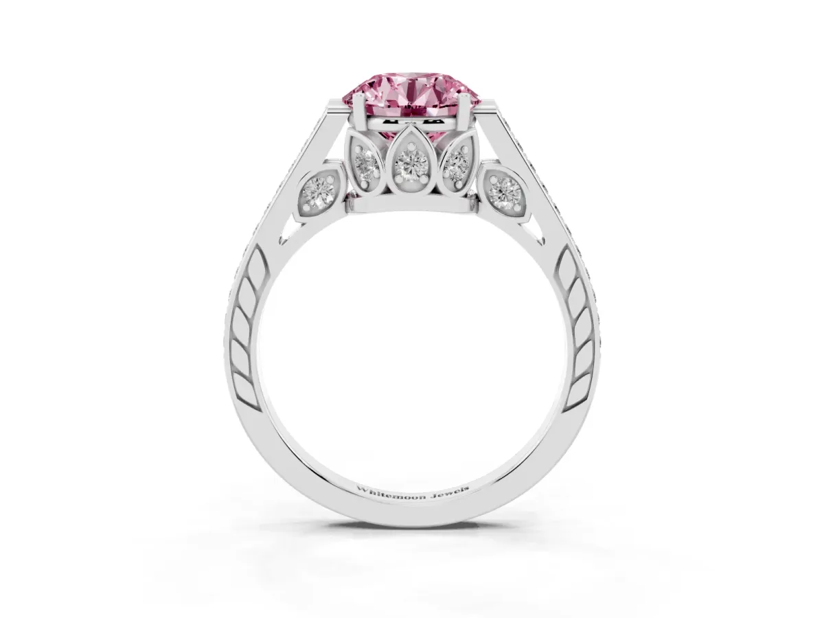 Fancy Pink Round Cut Cut Cathedral Pave Diamond Engagement Ring with Six-Prong Setting Silver