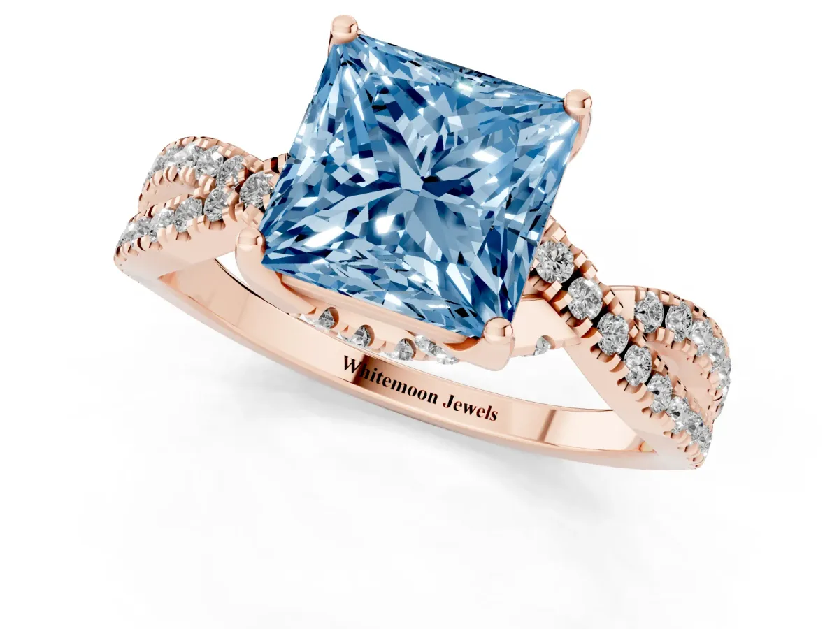 Fancy Blue Princess Cut Solitaire Twist Pave Diamond Engagement Ring with Prong Setting Rose gold