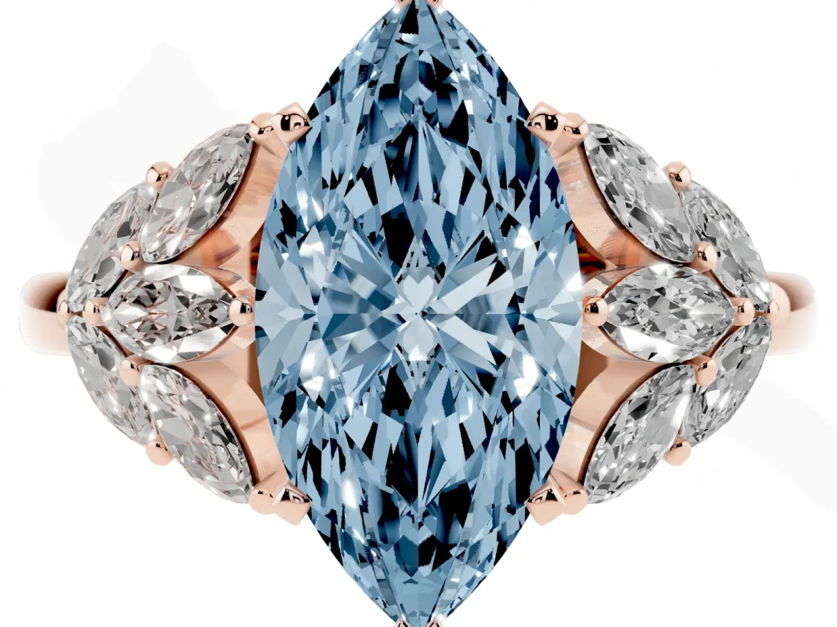 Fancy Blue Marquise Cut Diamond Cluster Leaf Design Ring with Prong Setting Rose gold