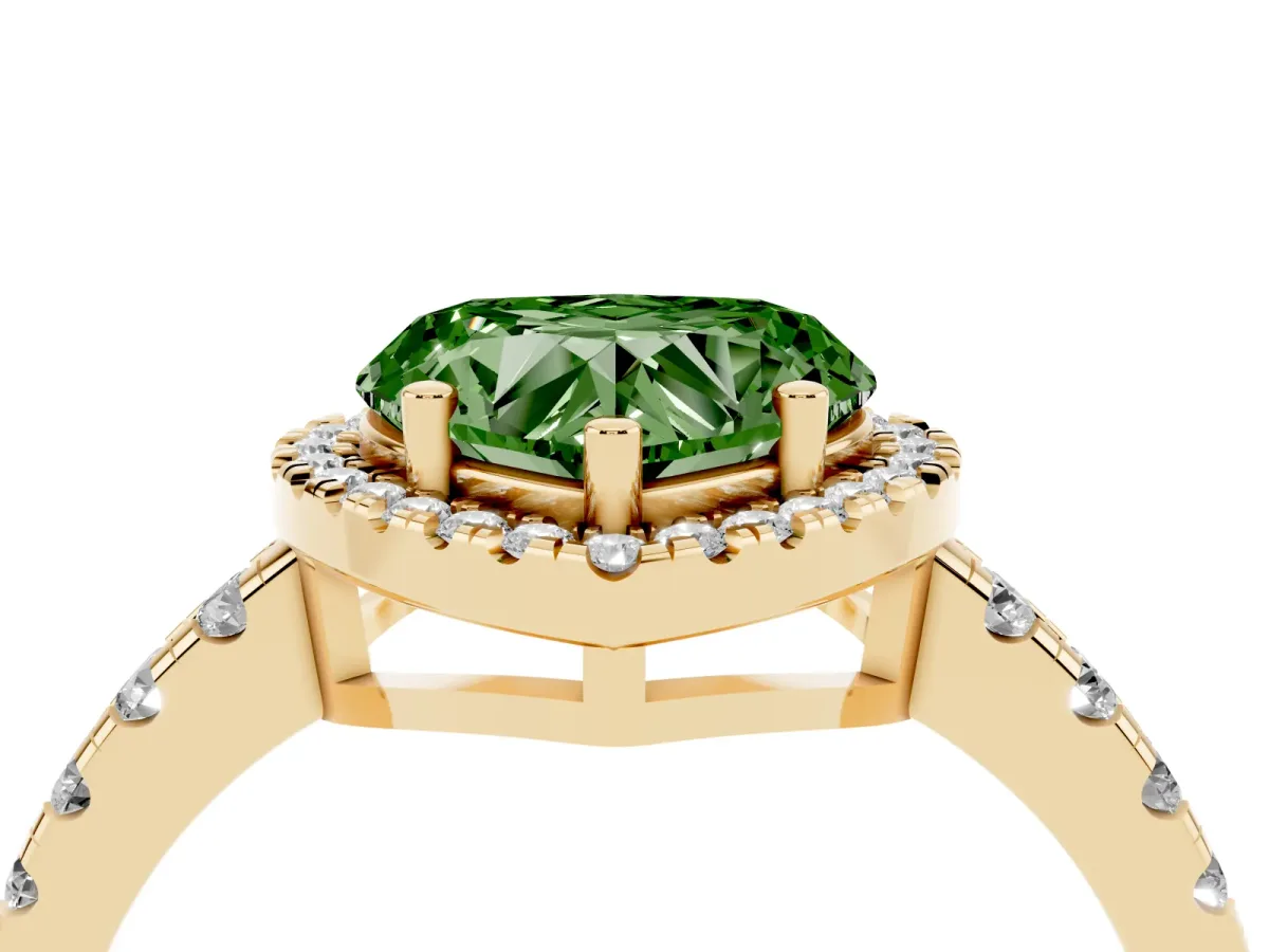 Fancy Green Heart Cut Diamond Halo Ring with Pavé Band and Four-Prong Setting Yellow gold