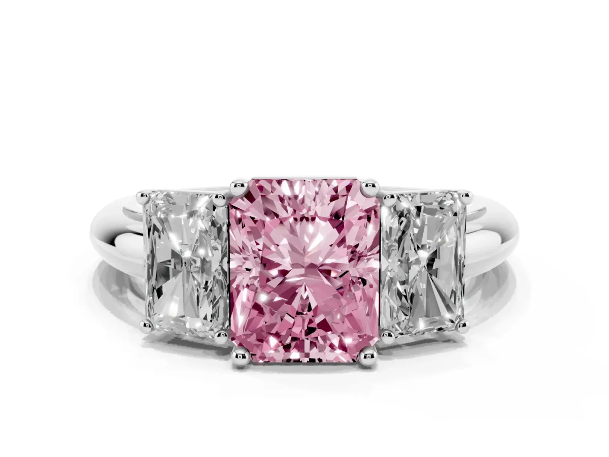 Fancy Pink Three-Stone Radiant Cut Cut Diamond Engagement Ring with Prong Setting on a White Gold Band Platinum