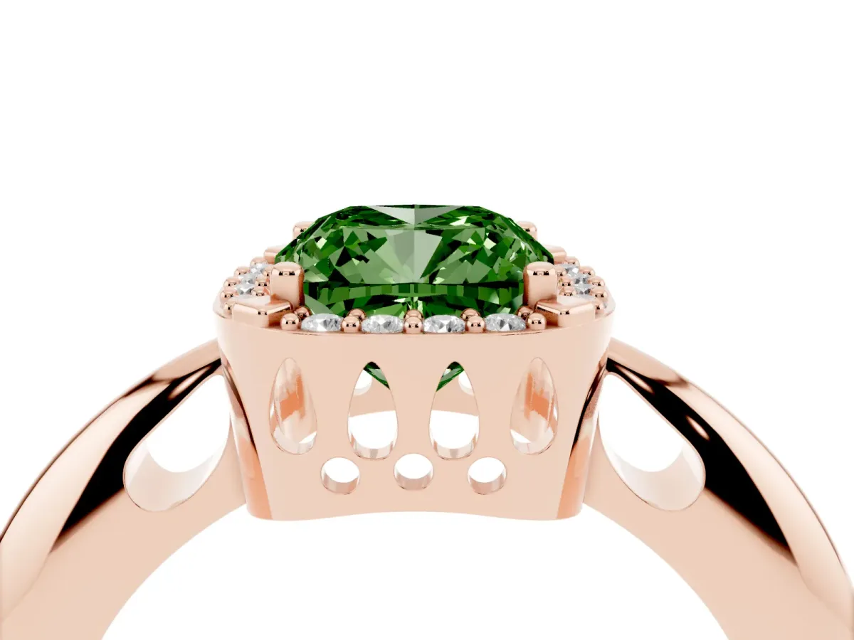 Fancy Green Cushion Cut Cut Diamond Halo Engagement Ring with Split Shank and Four-Prong Setting Rose gold