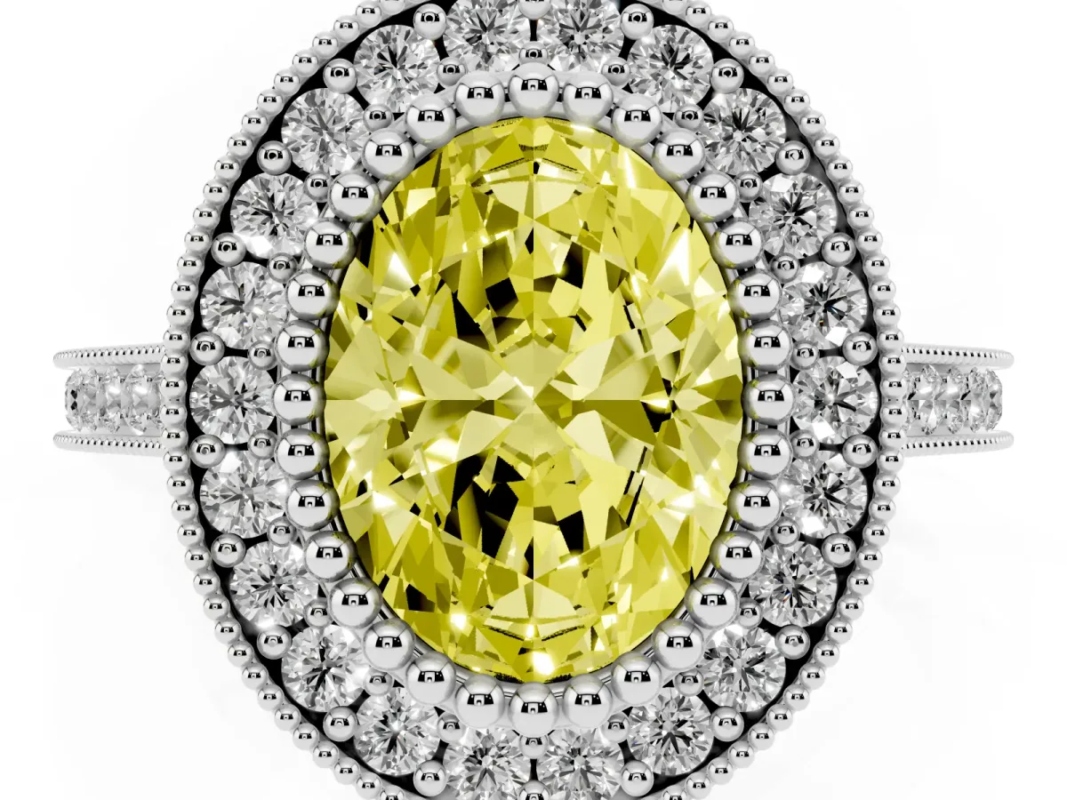 Fancy Yellow Oval Cut Diamond Halo Ring with Milgrain Frame and Pavé Band White gold