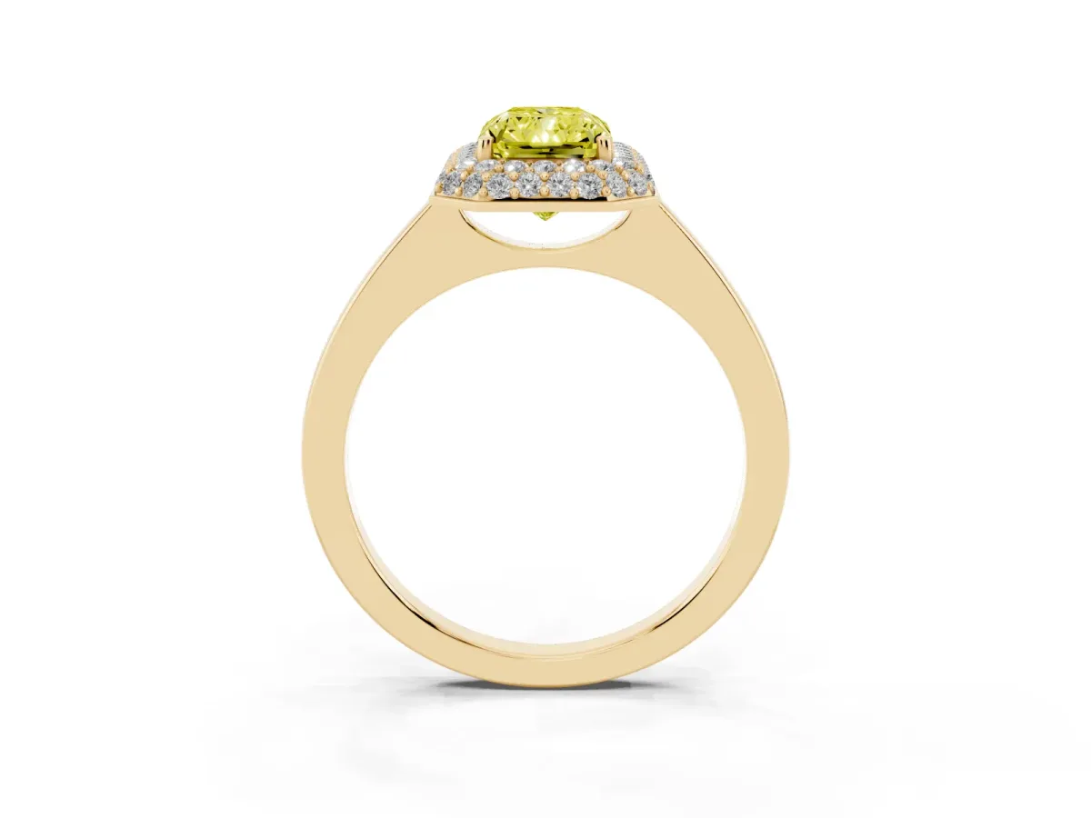 Fancy Yellow Radiant Cut Halo Diamond Engagement Ring with Solitaire Band and Four-Prong Setting Yellow gold