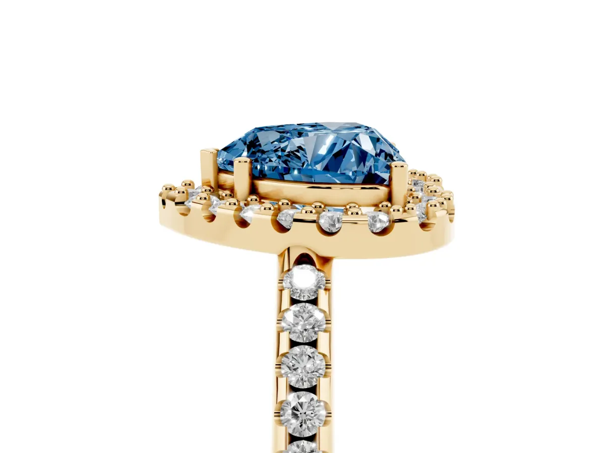Fancy Blue Heart Cut Diamond Pavé Halo Ring with Four-Prong Setting Yellow gold