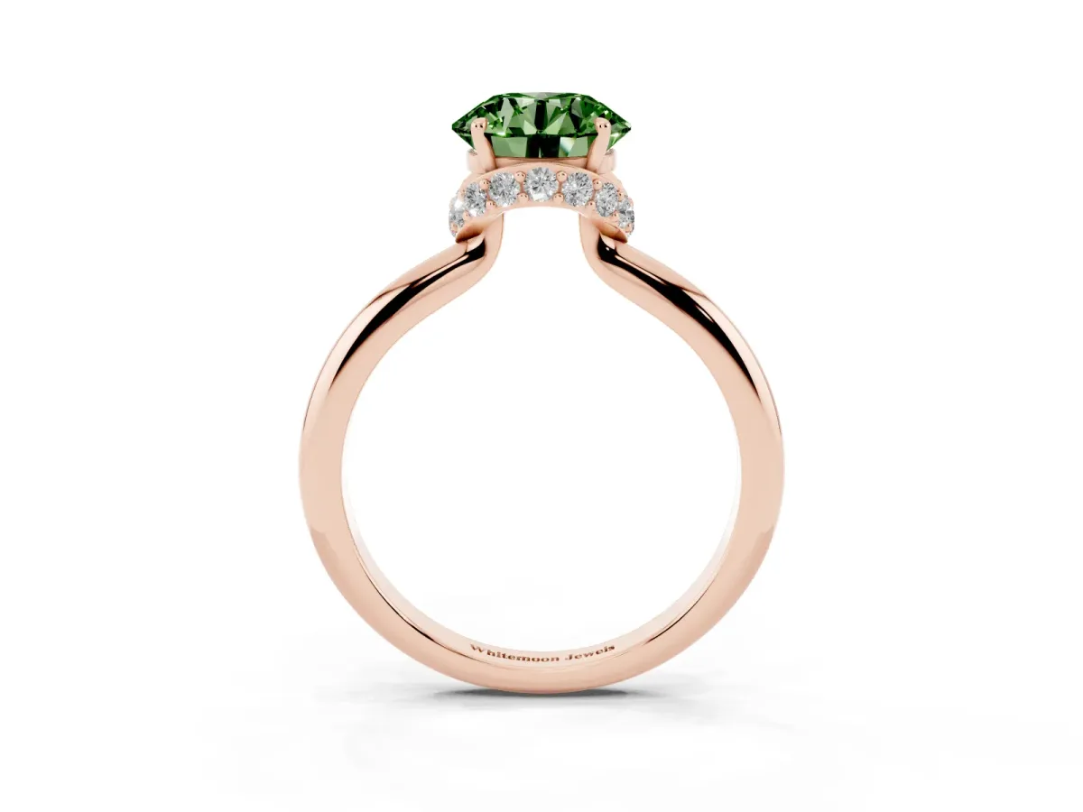 Fancy Green Round Cut Brilliant Solitaire Engagement Ring with Six-Prong Setting and Classic Band Rose gold