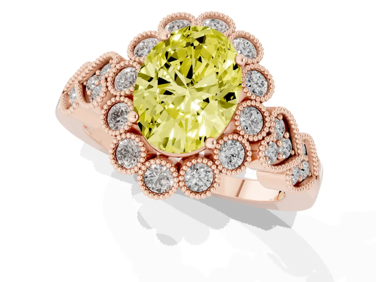 Fancy Yellow Oval Cut Brilliant Milgrain Pave Heart Band Solitaire Ring Rose gold
