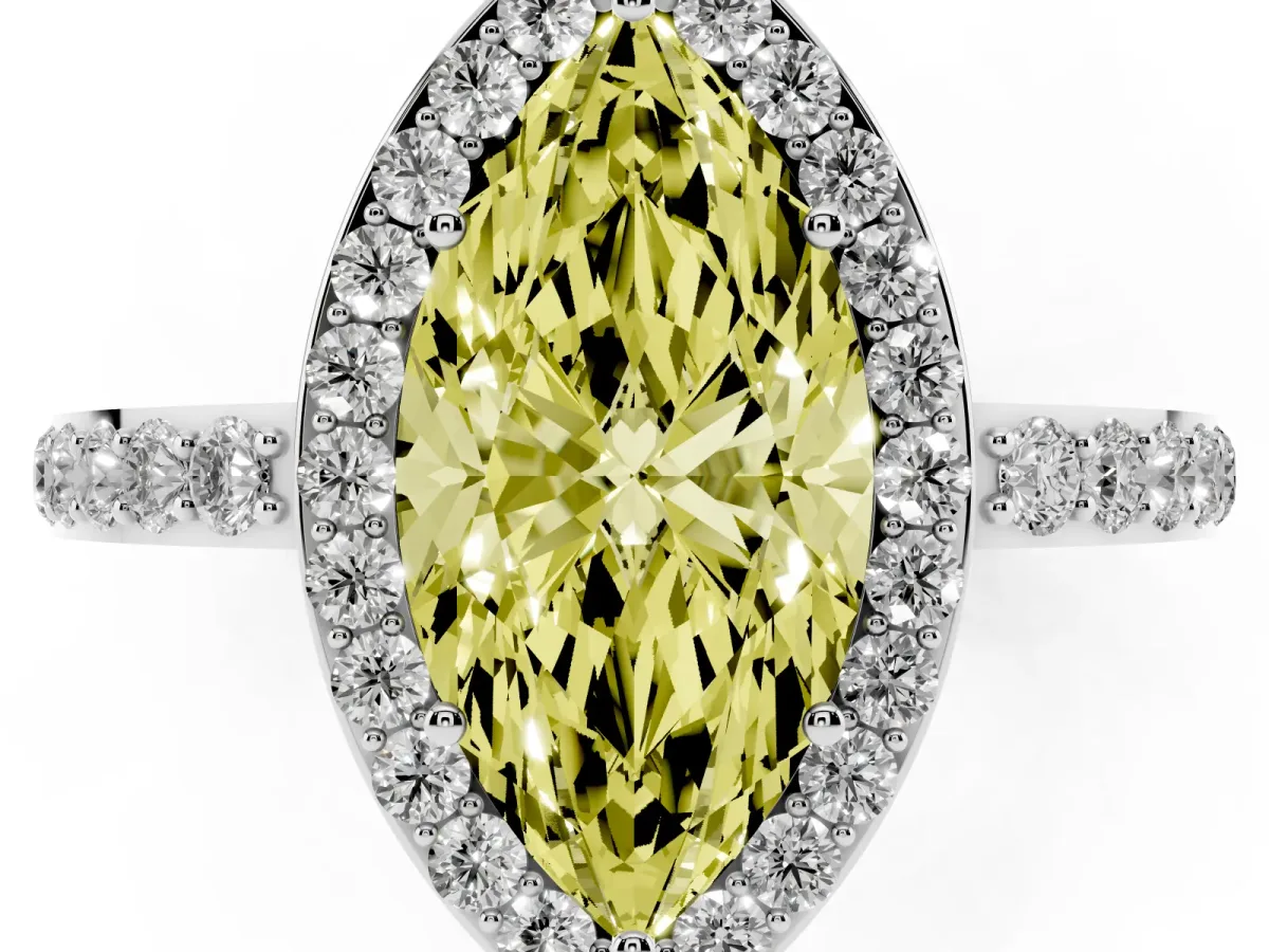 Fancy Yellow Marquise Cut Halo Diamond Pavé Band Ring with Prong Setting Silver