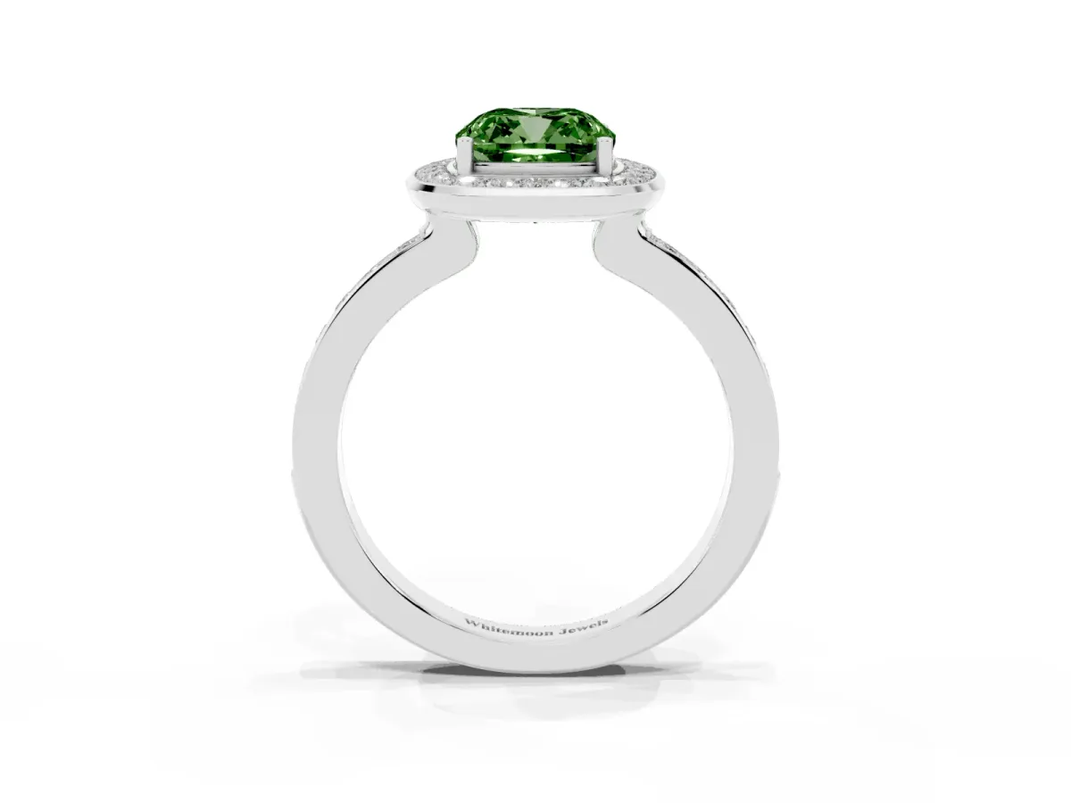 Fancy Green Cushion Cut Diamond Halo Ring with Bezel Frame and Pavé Band Silver