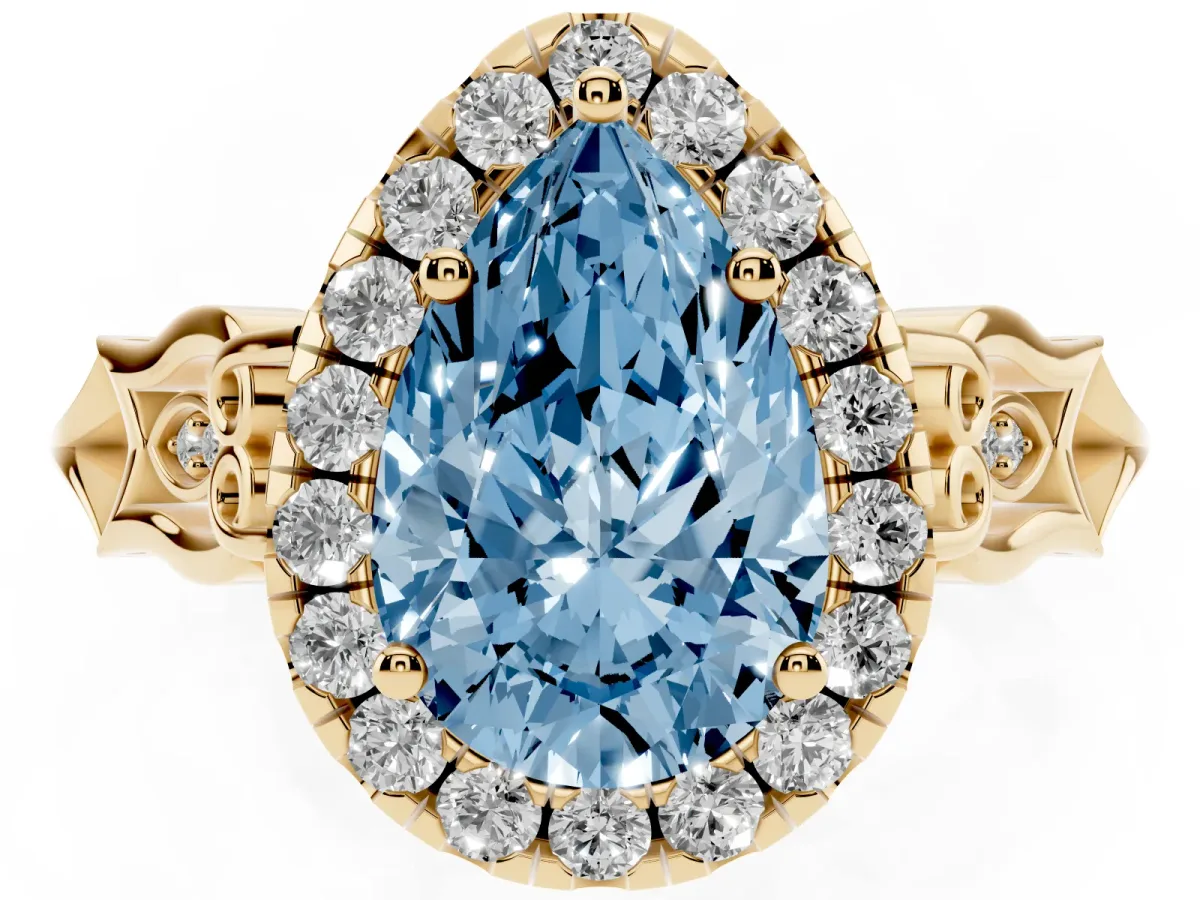 Fancy Blue Pear Cut Halo Diamond Engagement Ring with Filigree Band and Four-Prong Setting Yellow gold