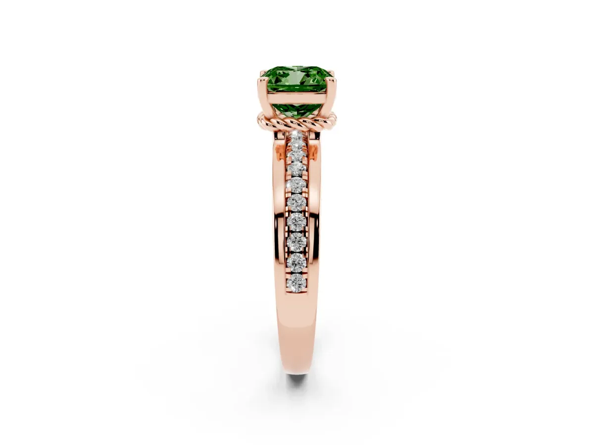 Fancy Green Cushion Cut Solitaire Diamond Ring with Channel Set Band and Six-Prong Setting Rose gold