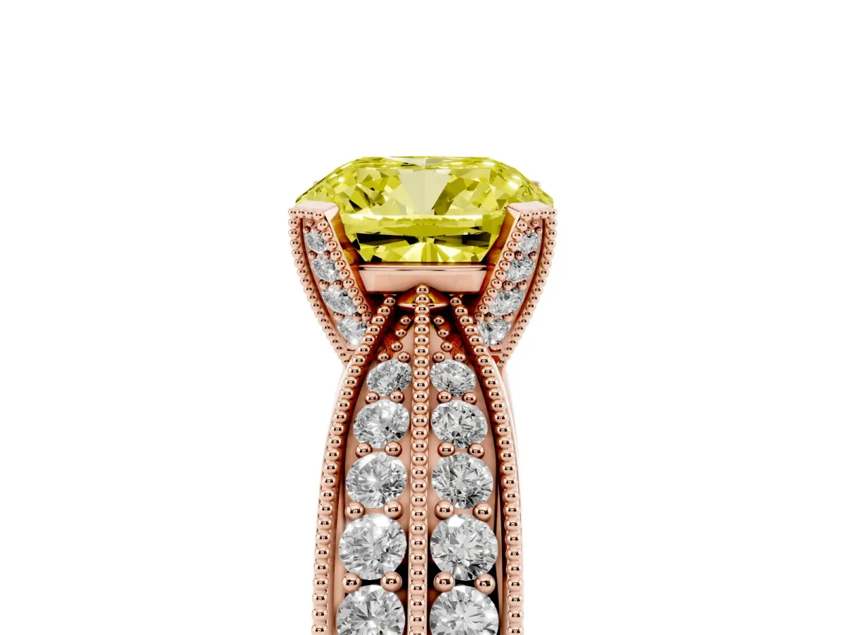 Fancy Yellow Cushion Cut Diamond Solitaire Ring with Milgrain Round Pavé Band and Prong Setting Rose gold