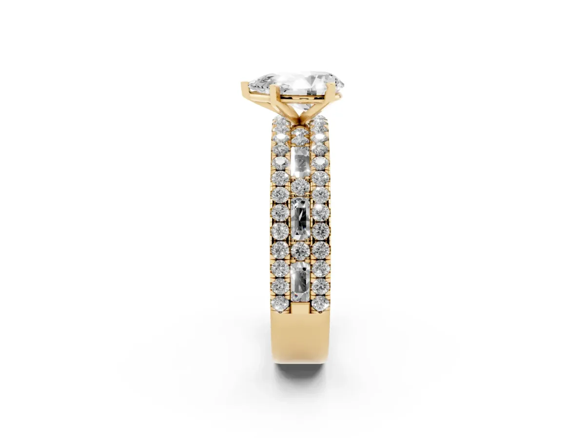 Pear Cut Diamond Solitaire Ring with Pavé and Channel Set Band Yellow gold