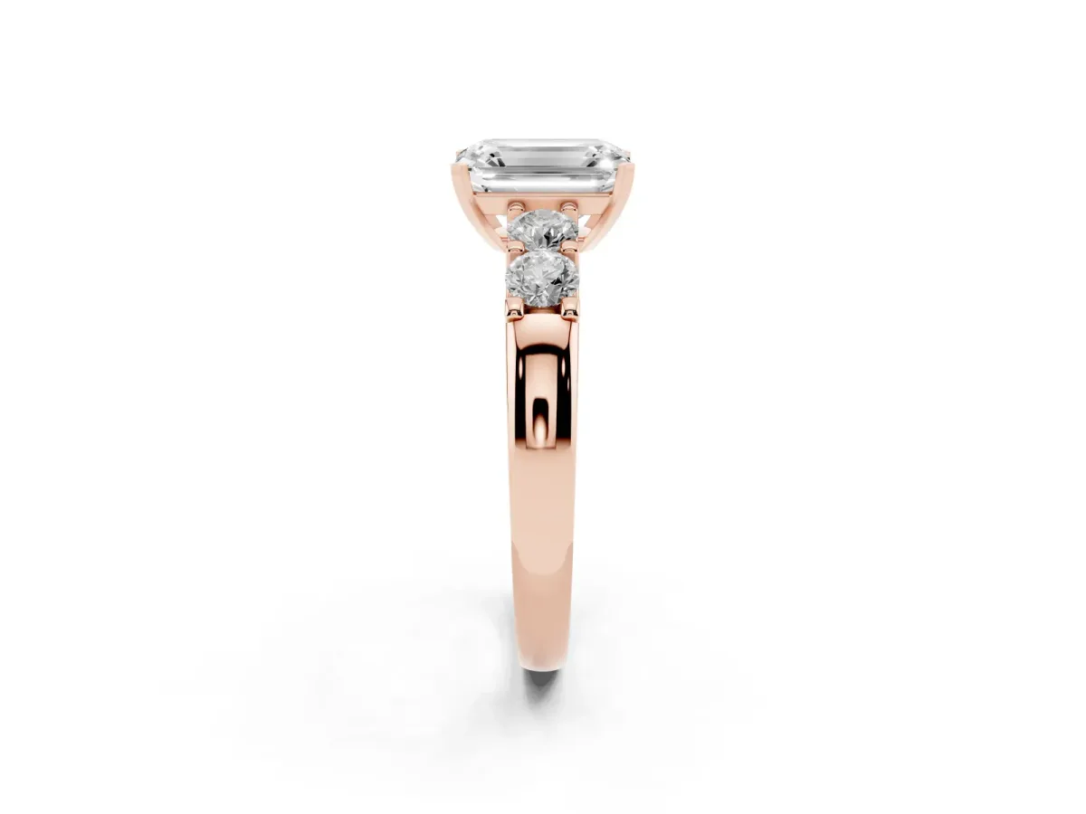 Emerald Cut Brilliant Cut Diamond Five-Stone Prong Set Engagement Ring with Channel Band Rose gold