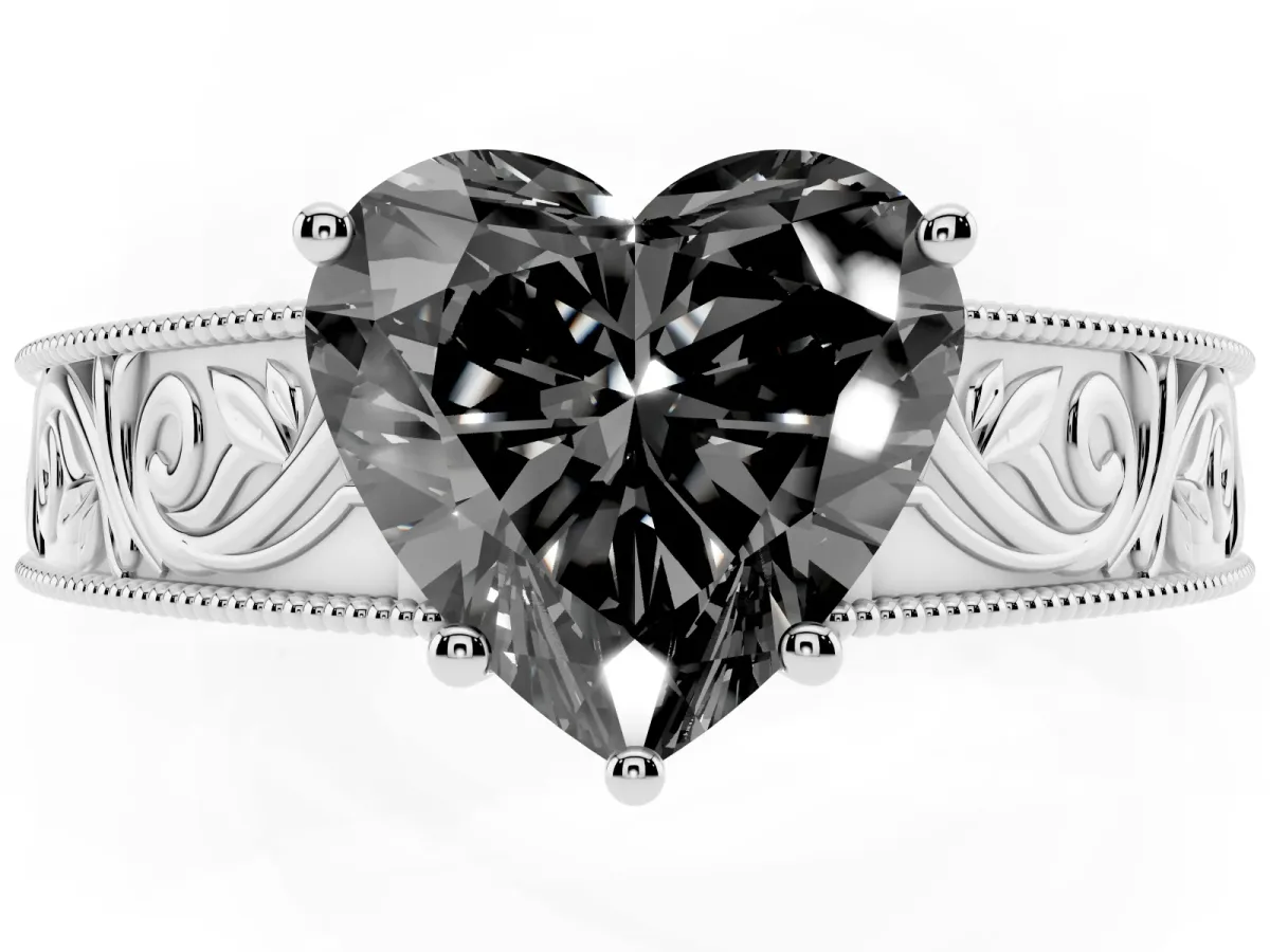 Fancy Black Heart Cut Diamond Solitaire Ring with Engraved Band and Four-Prong Setting Platinum