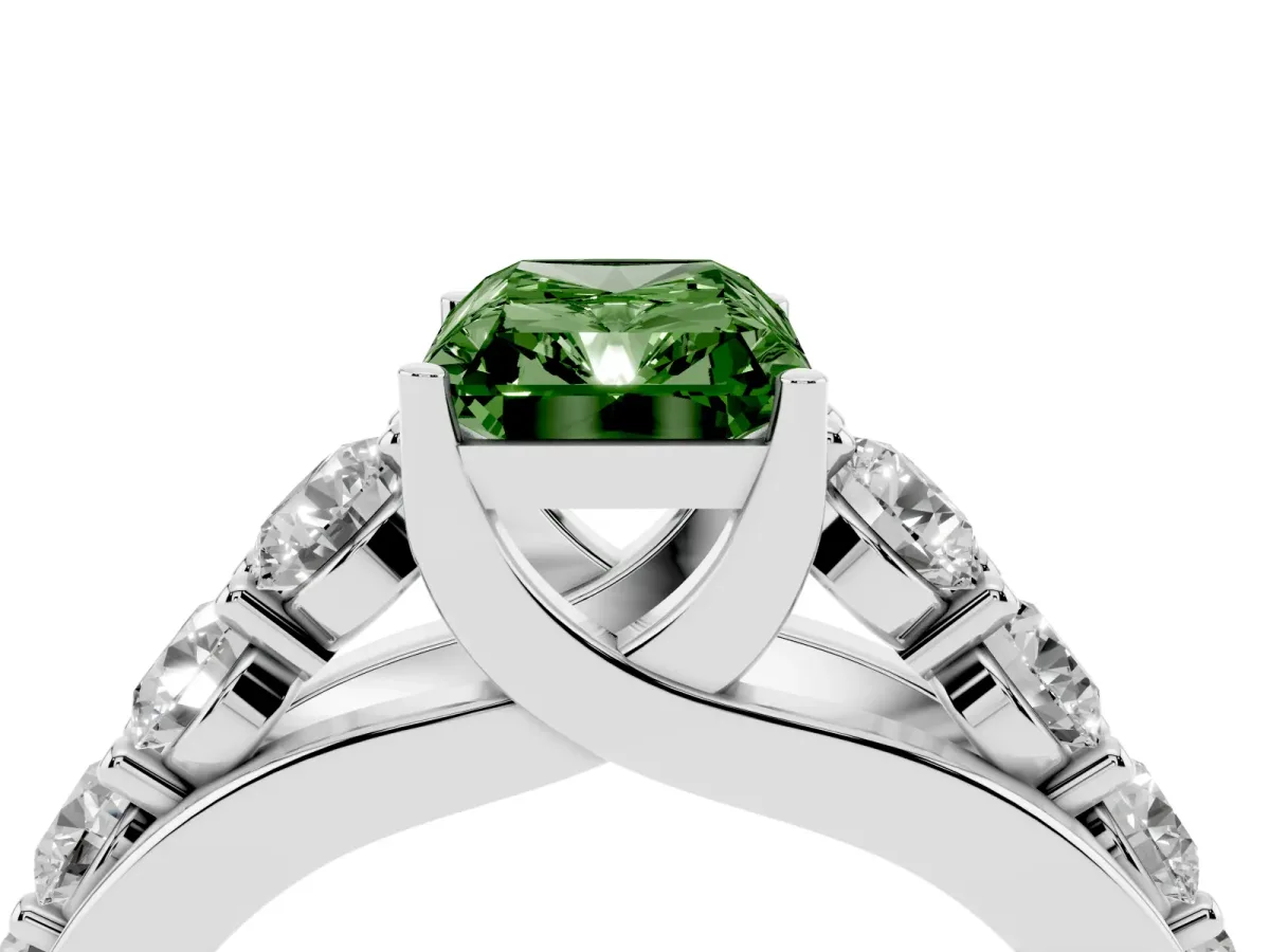 Fancy Green Radiant Cut Diamond Engagement Ring with Pavé Band and Four-Prong Setting Silver