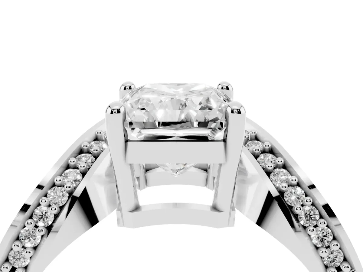 Radiant Cut Solitaire Diamond Engagement Ring with Pave Band and Four-Prong Setting Silver