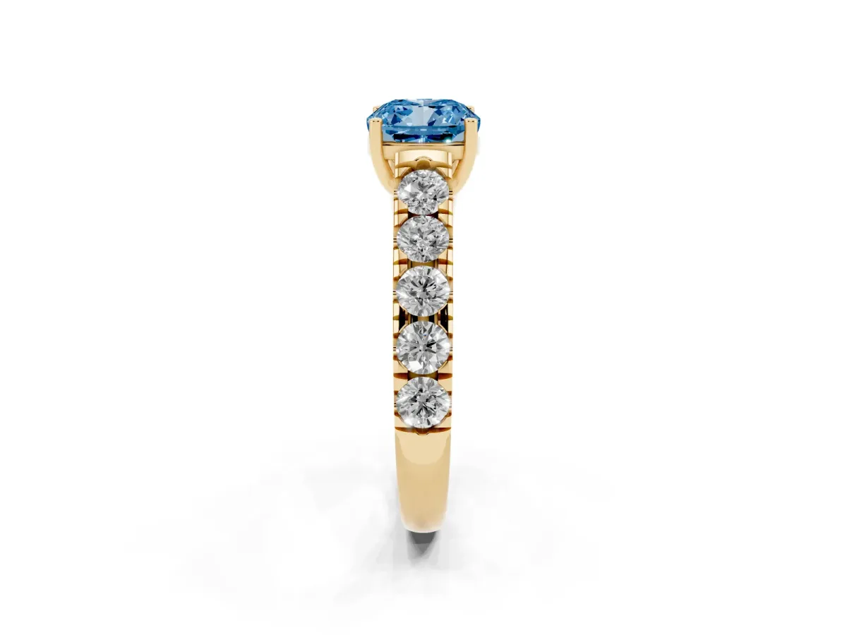 Fancy Blue Cushion Cut Cut Diamond Solitaire Ring with Micro Pave Band and Prong Setting Yellow gold