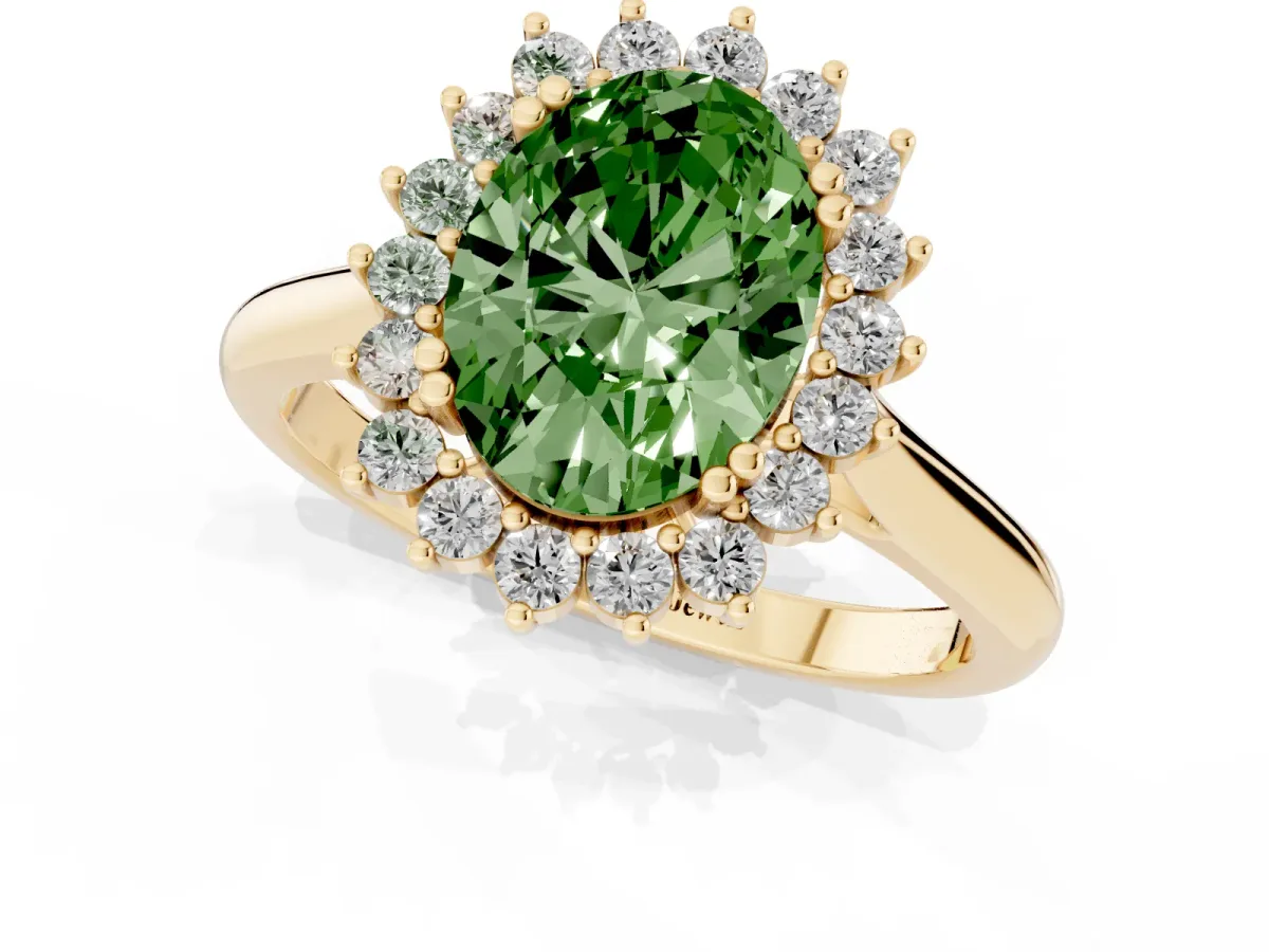 Fancy Green Oval Cut Cut Diamond Halo Ring with Solitaire Band and Prong Setting Yellow gold