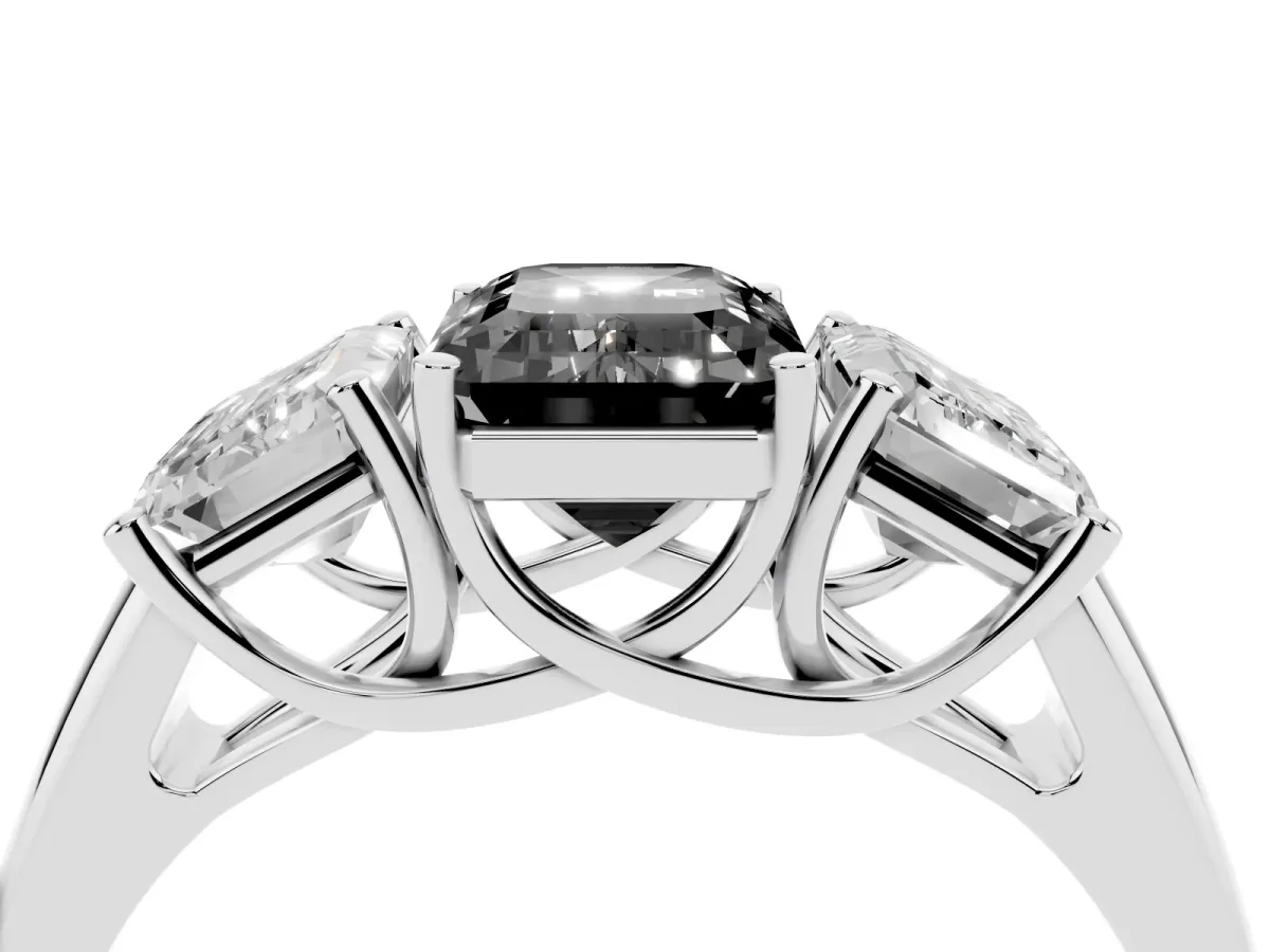 Fancy Black Three-Stone Emerald Cut Diamond Engagement Ring with Prong Setting Silver