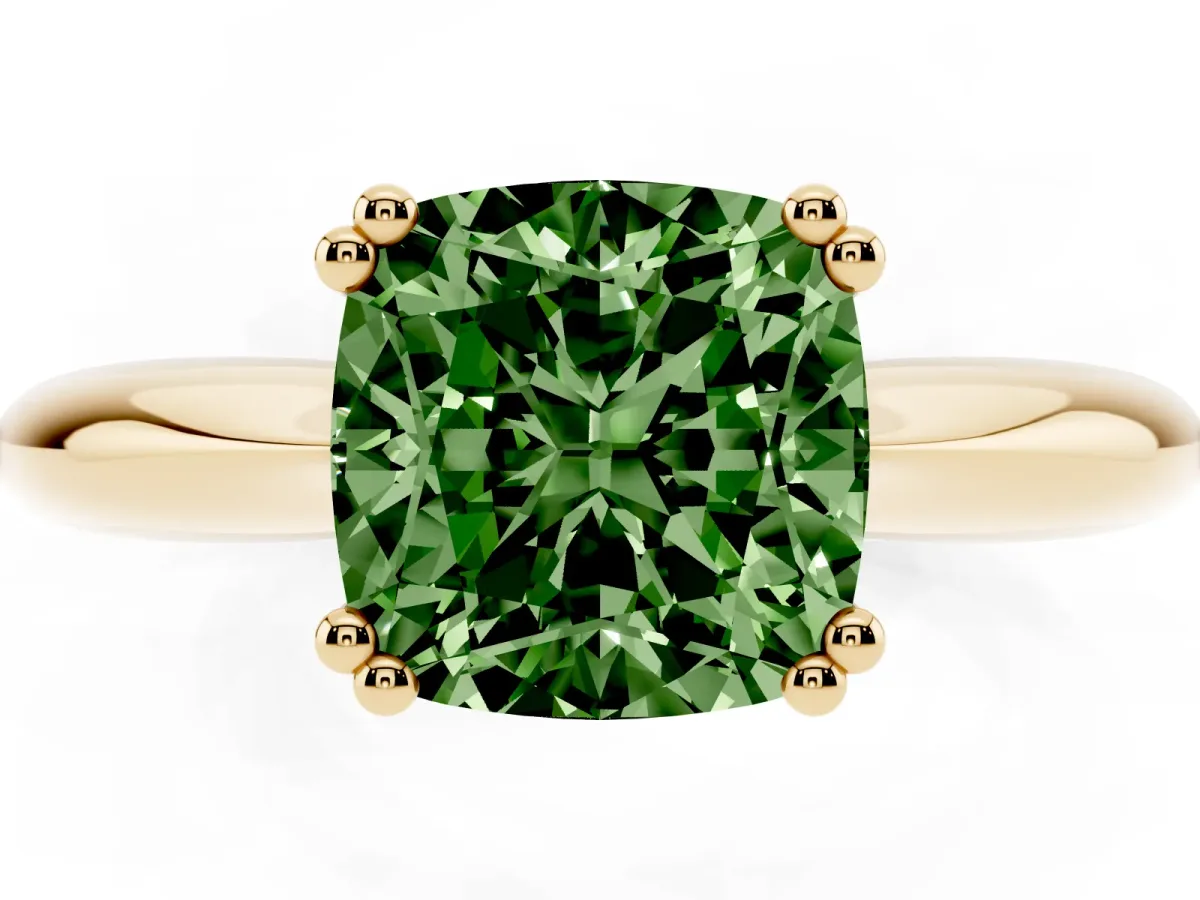Fancy Green Cushion Cut Cut Solitaire Engagement Ring with Tapered Band and Four-Prong Setting Yellow gold