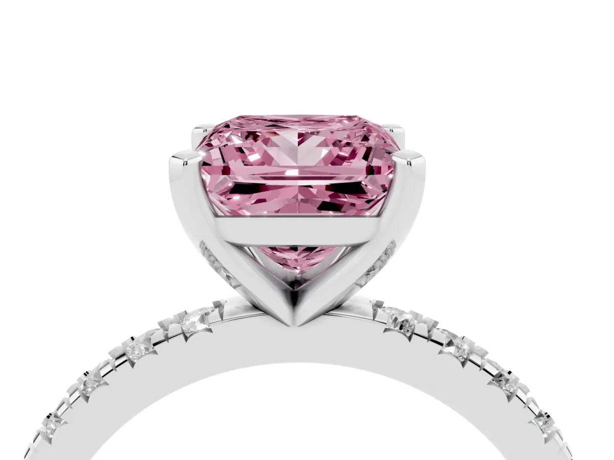 Fancy Pink Princess Cut Diamond Pavé Band Solitaire with Four-Prong Setting Silver