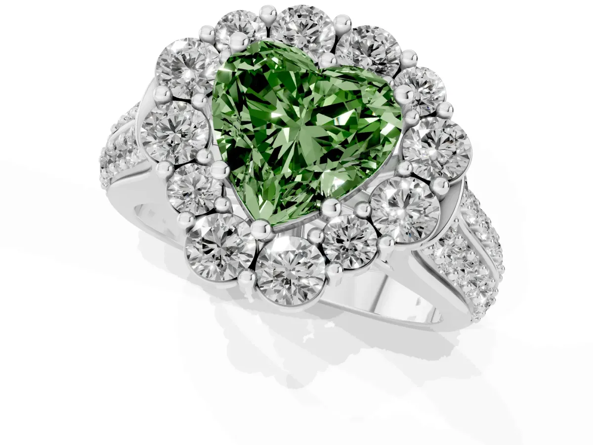 Fancy Green Heart Cut Halo Diamond Engagement Ring with Split Shank and Prong Setting White gold
