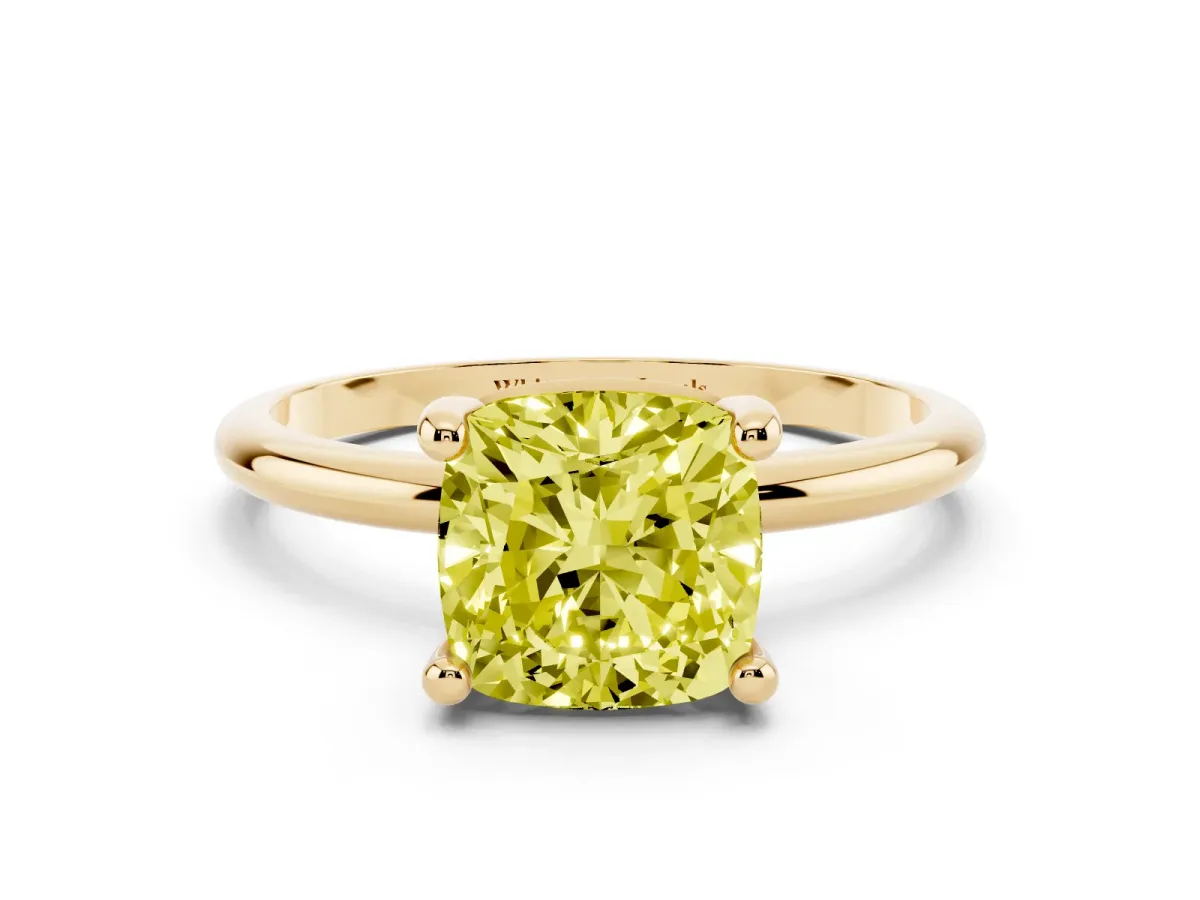 Fancy Yellow Cushion Cut Solitaire Diamond Ring with 4-Prong Setting on a Classic Band Yellow gold