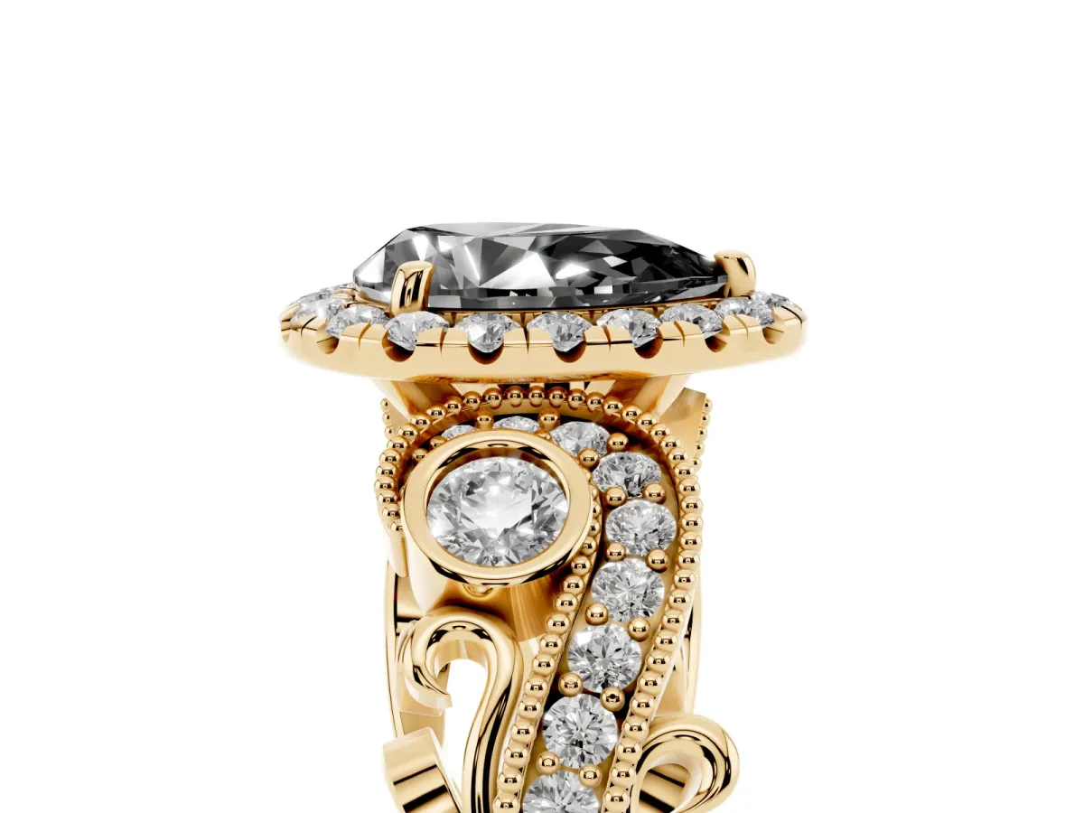 Fancy Black Pear Cut Halo Diamond Ring with Milgrain and Bezel Accents on a Split Shank Band Yellow gold