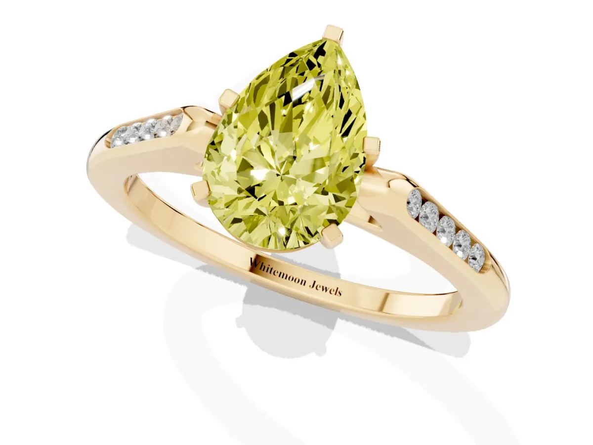 Fancy Yellow Pear Cut Diamond Solitaire Ring with Channel Set Round Band and Prong Setting Yellow gold