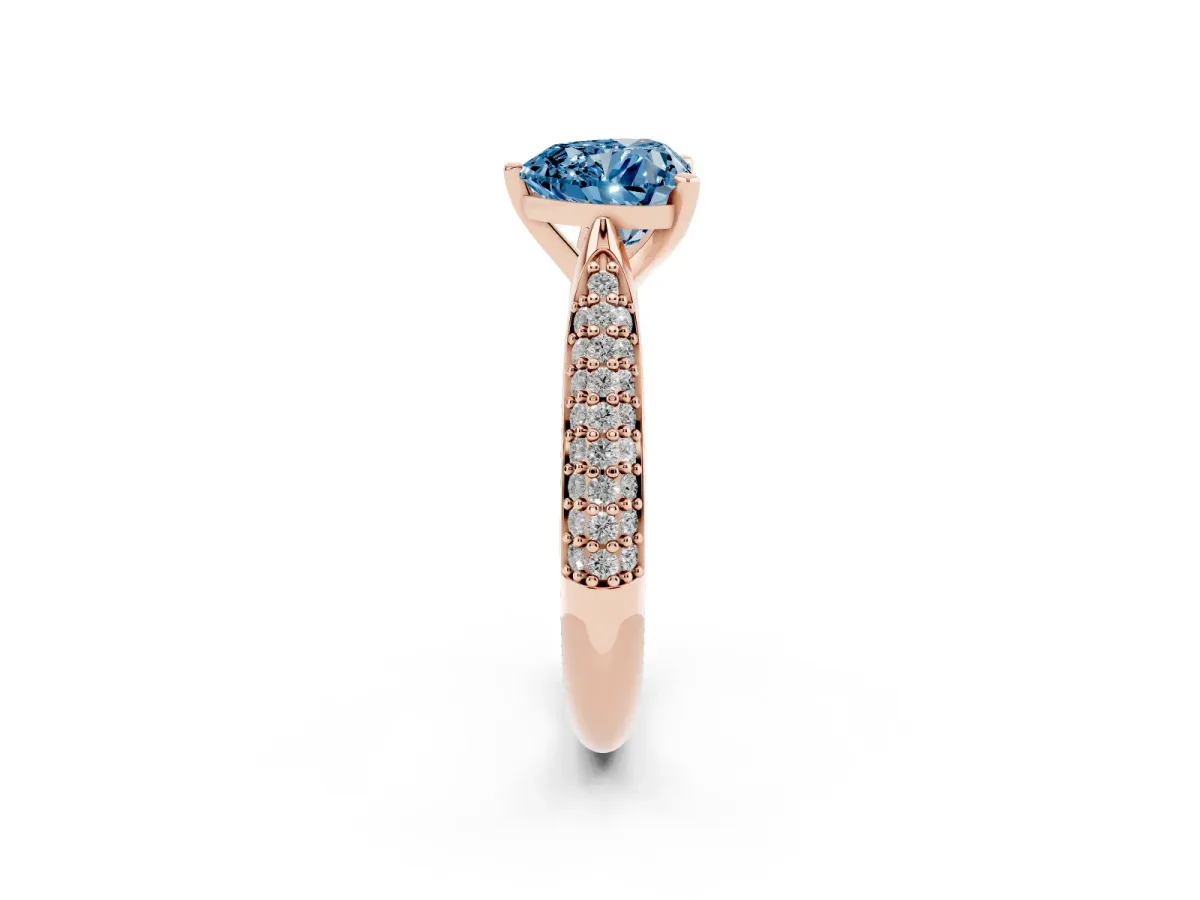 Fancy Blue Heart Cut Diamond Solitaire Engagement Ring with Multi-Row Round Pavé Band and Prong Setting Rose gold
