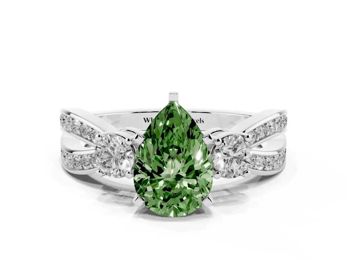 Fancy Green Three-Stone Pear Cut Cut Diamond Twist Band with Prong Setting Platinum