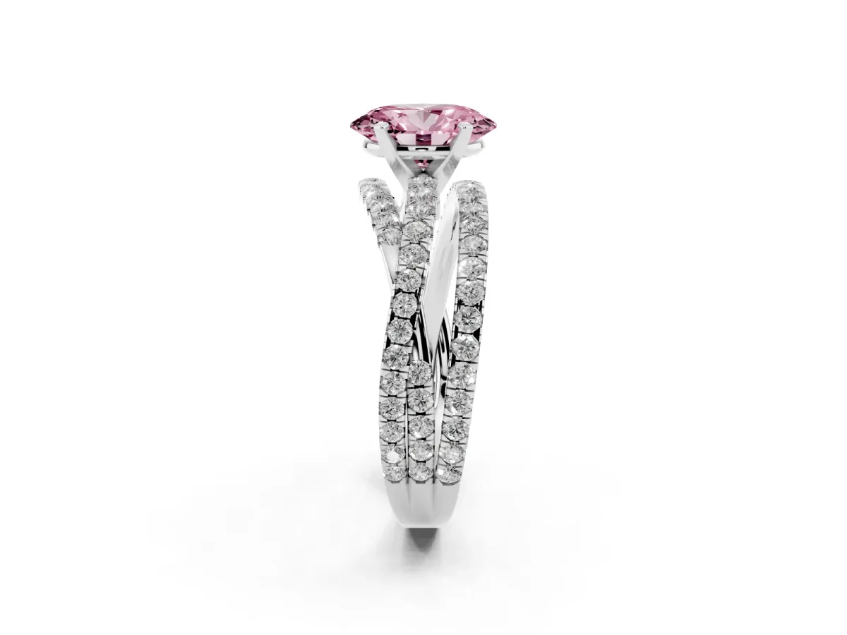 Fancy Pink Oval Cut Solitaire Twist Band with Pavé Setting and Four-Prong Setting Silver